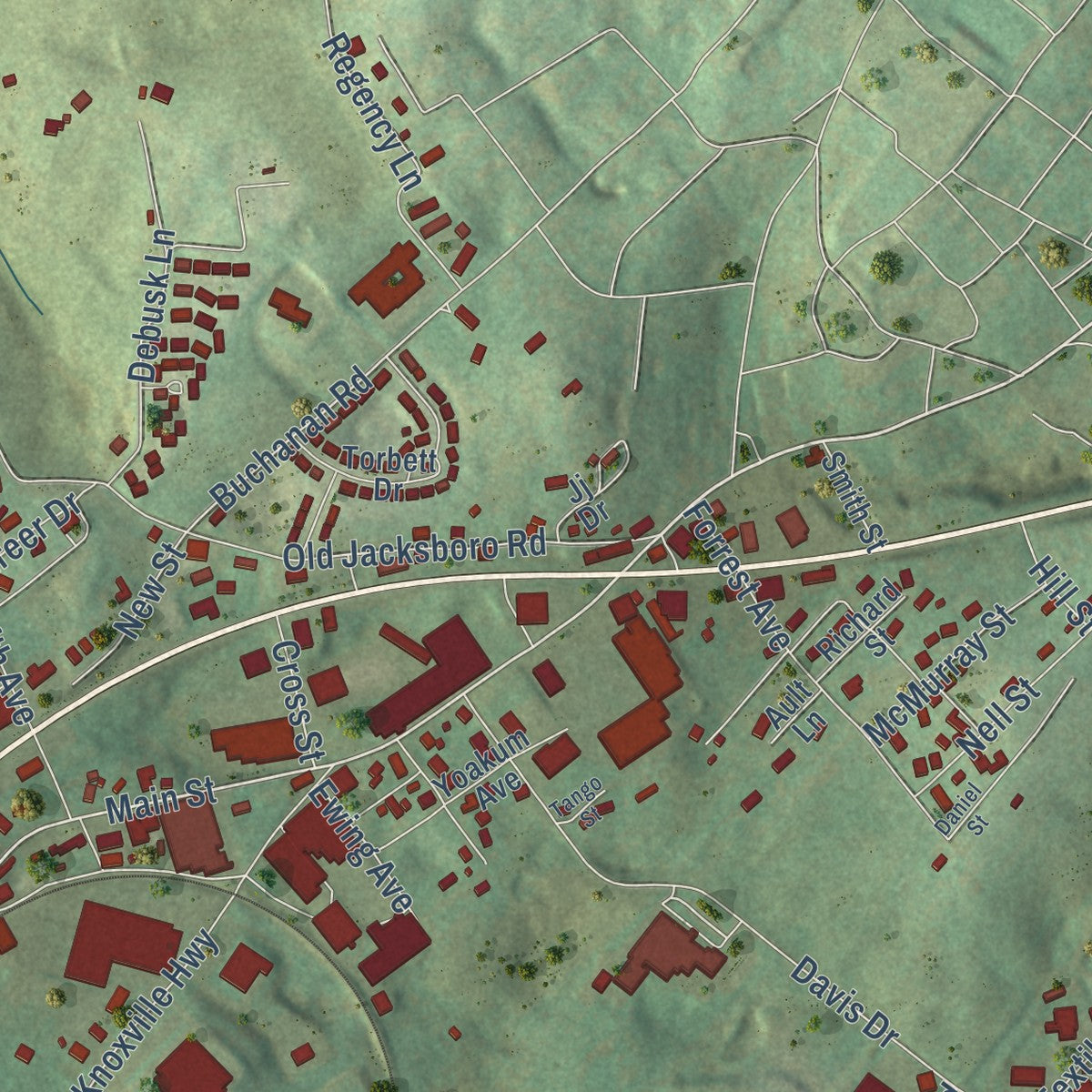 Close-up of the map of New Tazewell, Tennessee print showing street and building detail