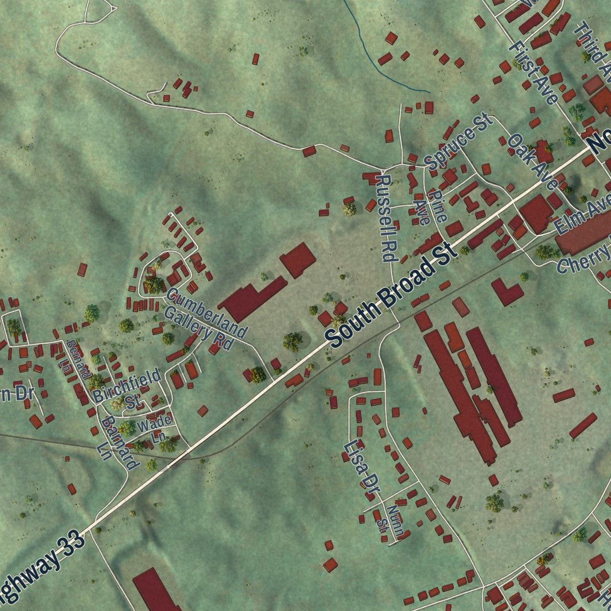 Second close-up of the map of New Tazewell, Tennessee print showing more streets and buildings