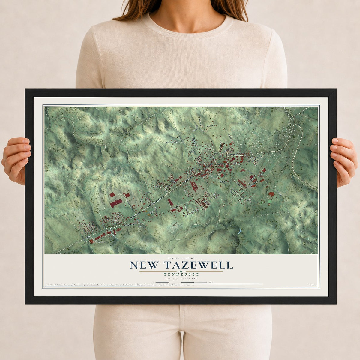 Map of New Tazewell, Tennessee, 12 x 18 inch print in a black wood frame