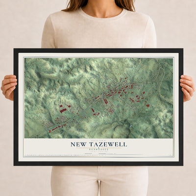 Map of New Tazewell, Tennessee, 12 x 18 inch print in a black wood frame