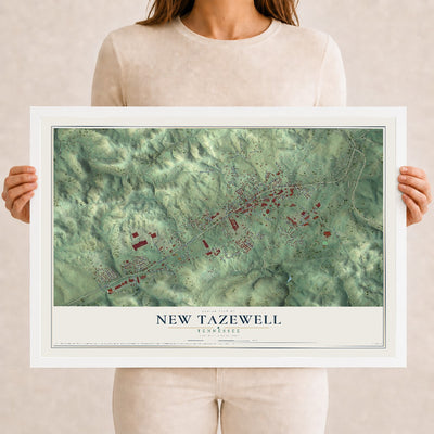 Map of New Tazewell, Tennessee, 12 x 18 inch print in a white wood frame