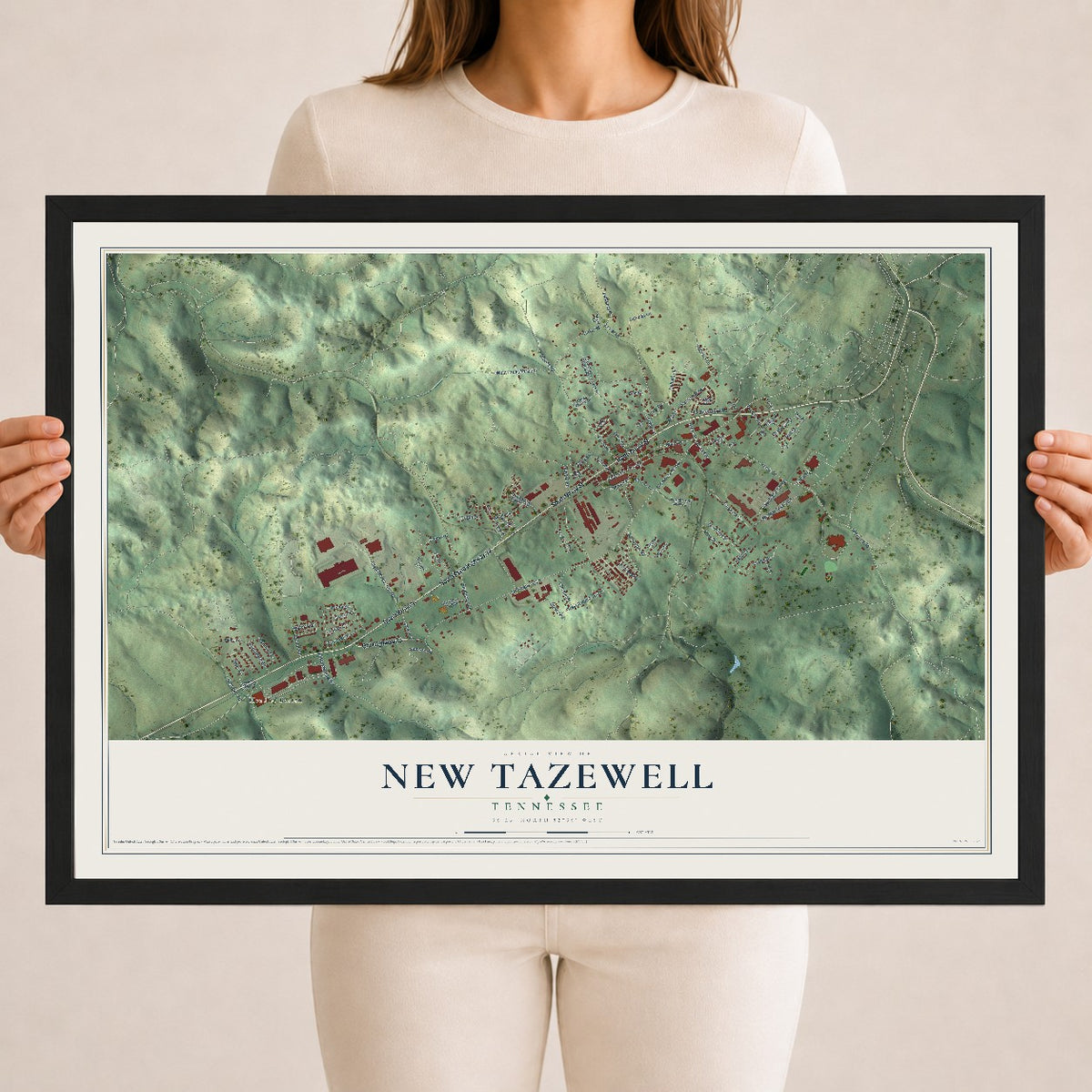 Map of New Tazewell, Tennessee, 18 x 24 inch print in a black wood frame