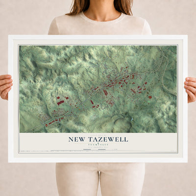 Map of New Tazewell, Tennessee, 18 x 24 inch print in a white wood frame