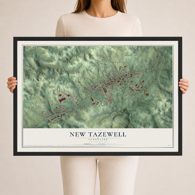 Map of New Tazewell, Tennessee, 24 x 36 inch print in a black wood frame