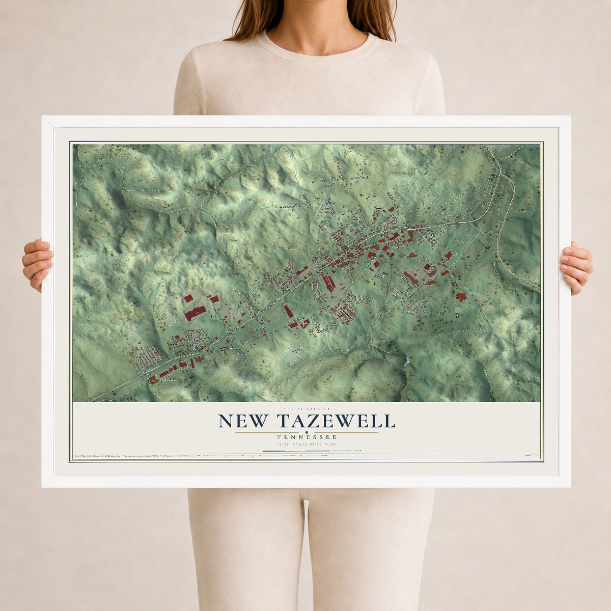Map of New Tazewell, Tennessee, 24 x 36 inch print in a white wood frame