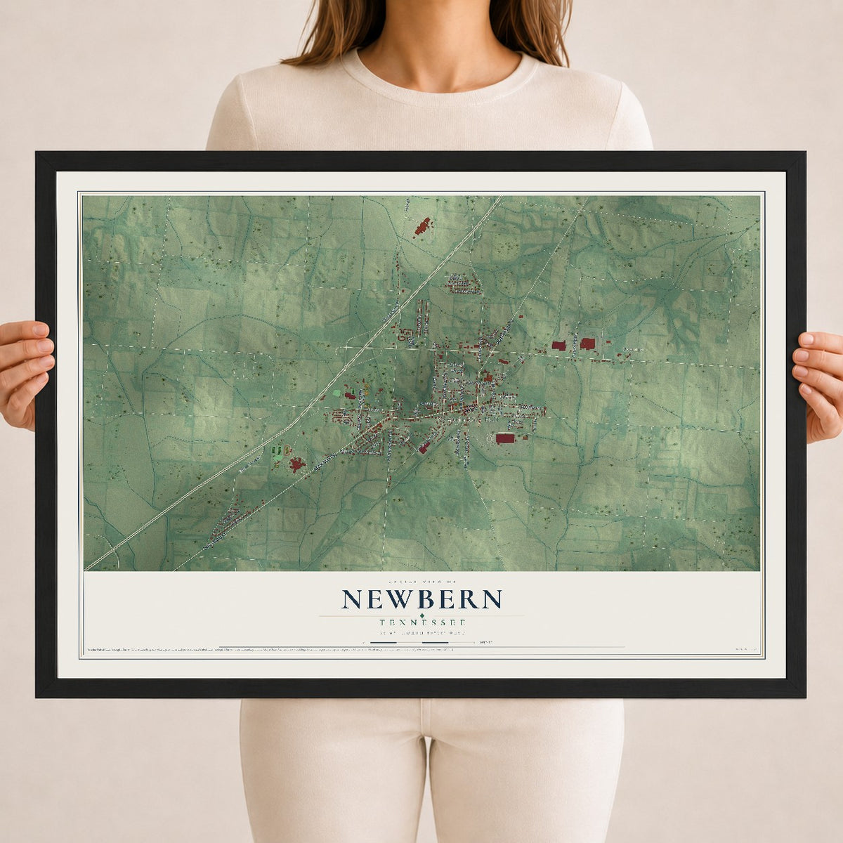 Map of Newbern, Tennessee, 18 x 24 inch print in a black wood frame