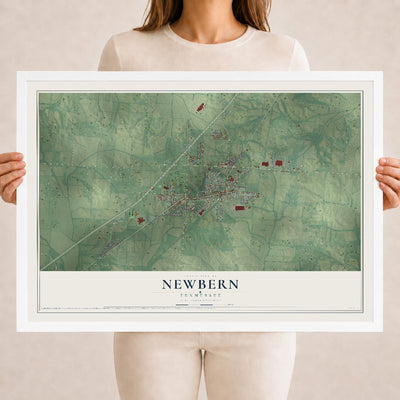 Map of Newbern, Tennessee, 18 x 24 inch print in a white wood frame