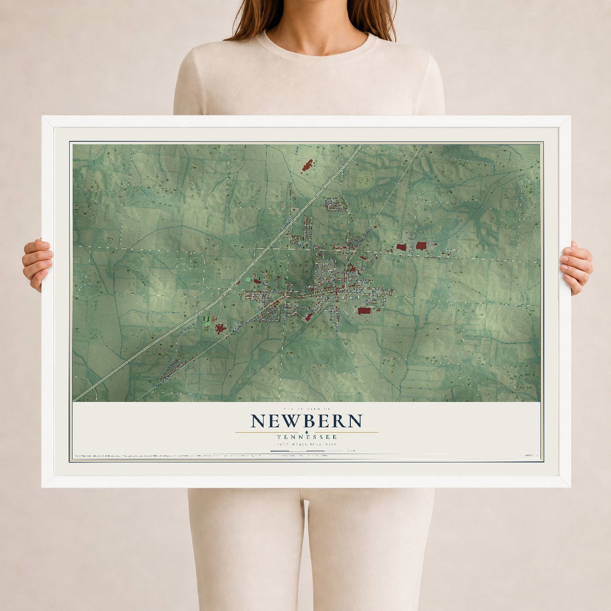 Map of Newbern, Tennessee, 24 x 36 inch print in a white wood frame