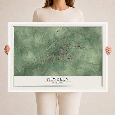 Map of Newbern, Tennessee, 24 x 36 inch print in a white wood frame
