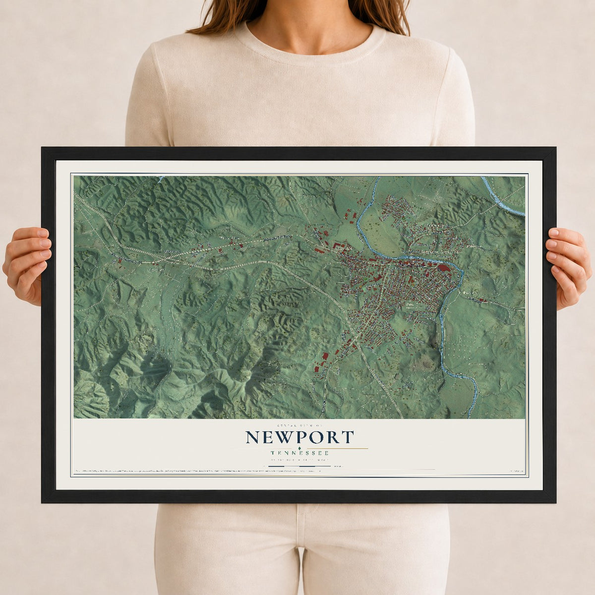 Map of Newport, Tennessee, 12 x 18 inch print in a black wood frame