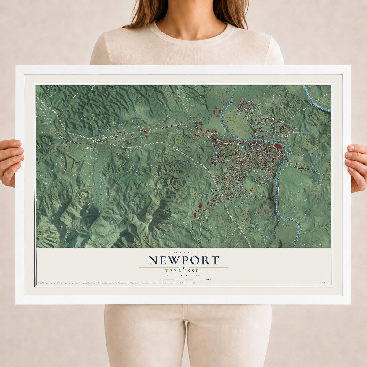 Map of Newport, Tennessee, 18 x 24 inch print in a white wood frame