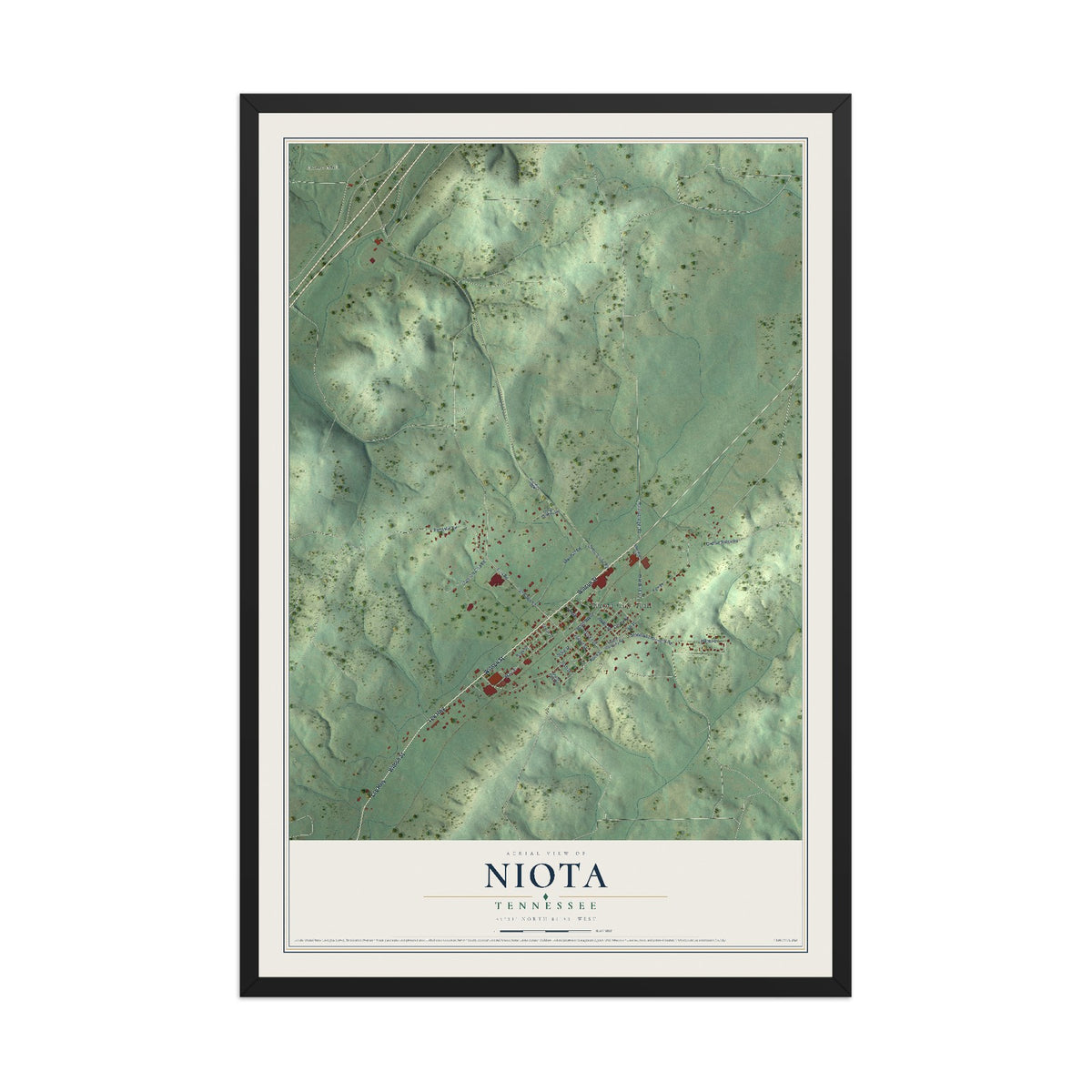 Map of Niota, Tennessee, 12 x 18 inch print in a black wood frame