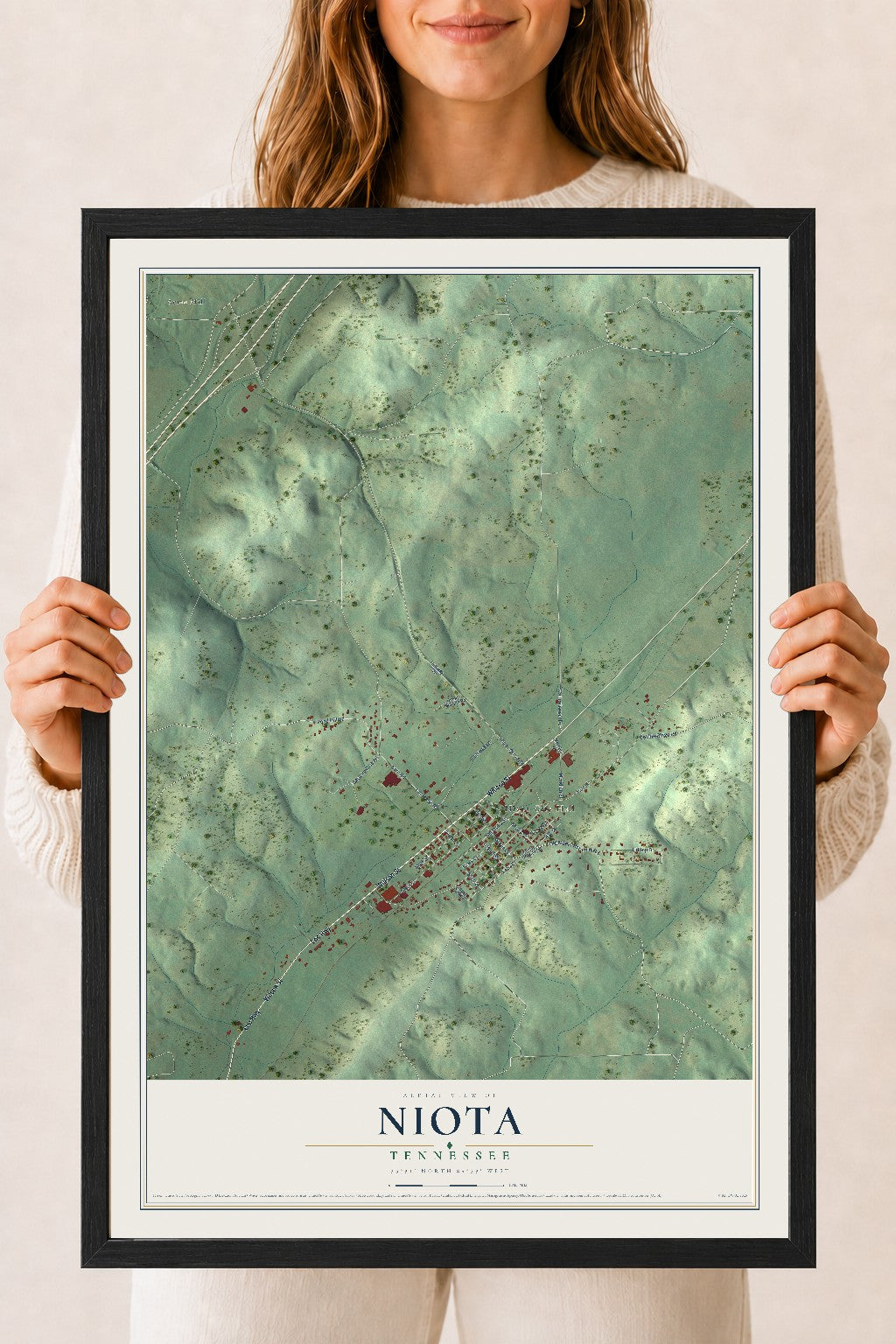 Map of Niota, Tennessee, 18 x 24 inch print in a black wood frame