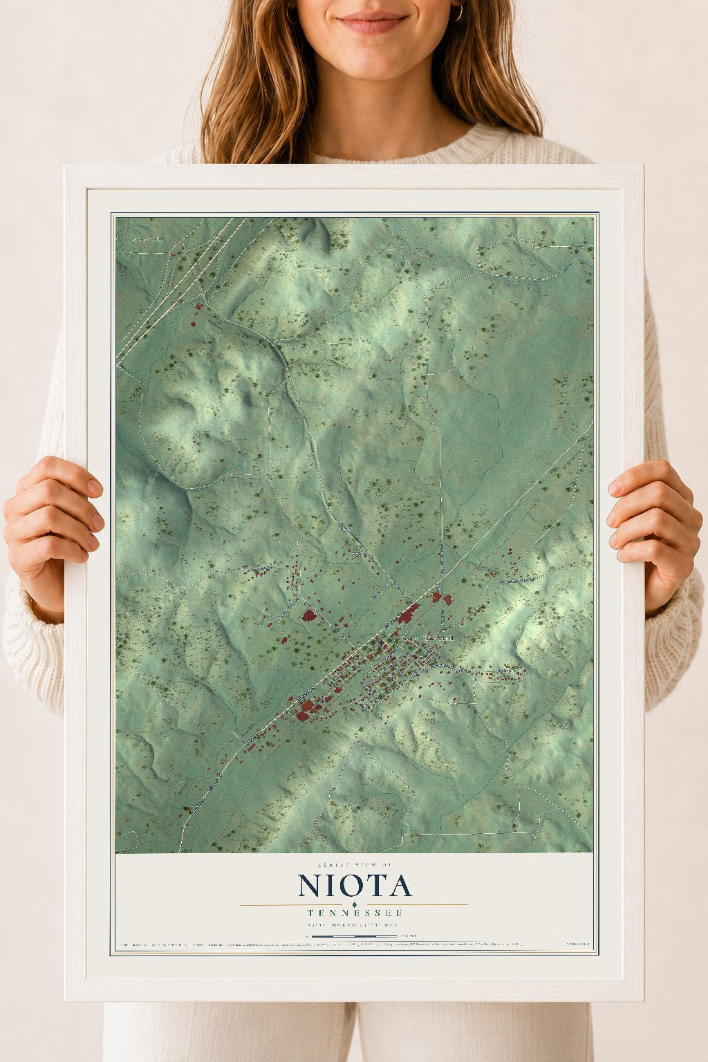Map of Niota, Tennessee, 18 x 24 inch print in a white wood frame