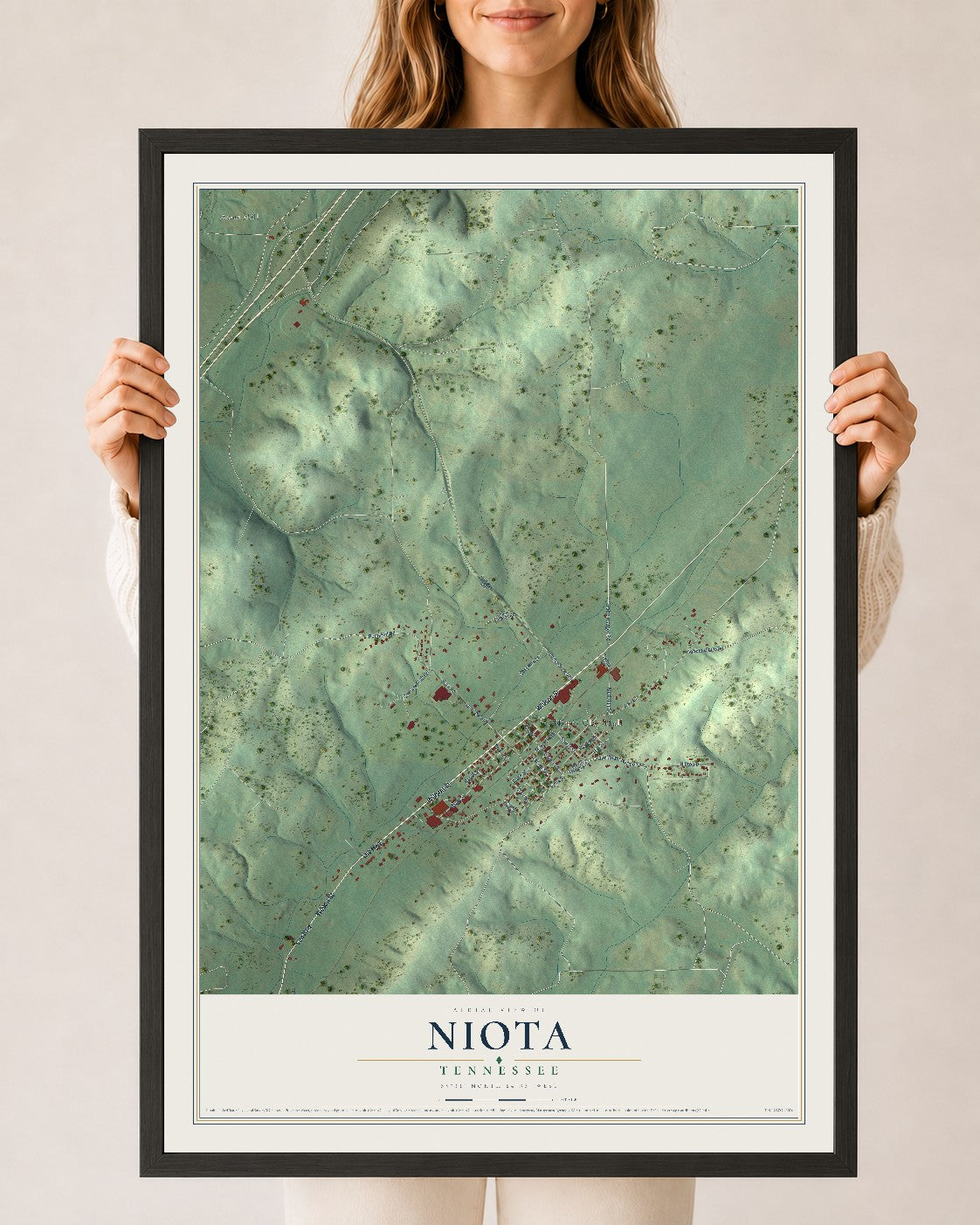 Map of Niota, Tennessee, 24 x 36 inch print in a black wood frame