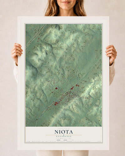 Map of Niota, Tennessee, 24 x 36 inch print in a white wood frame