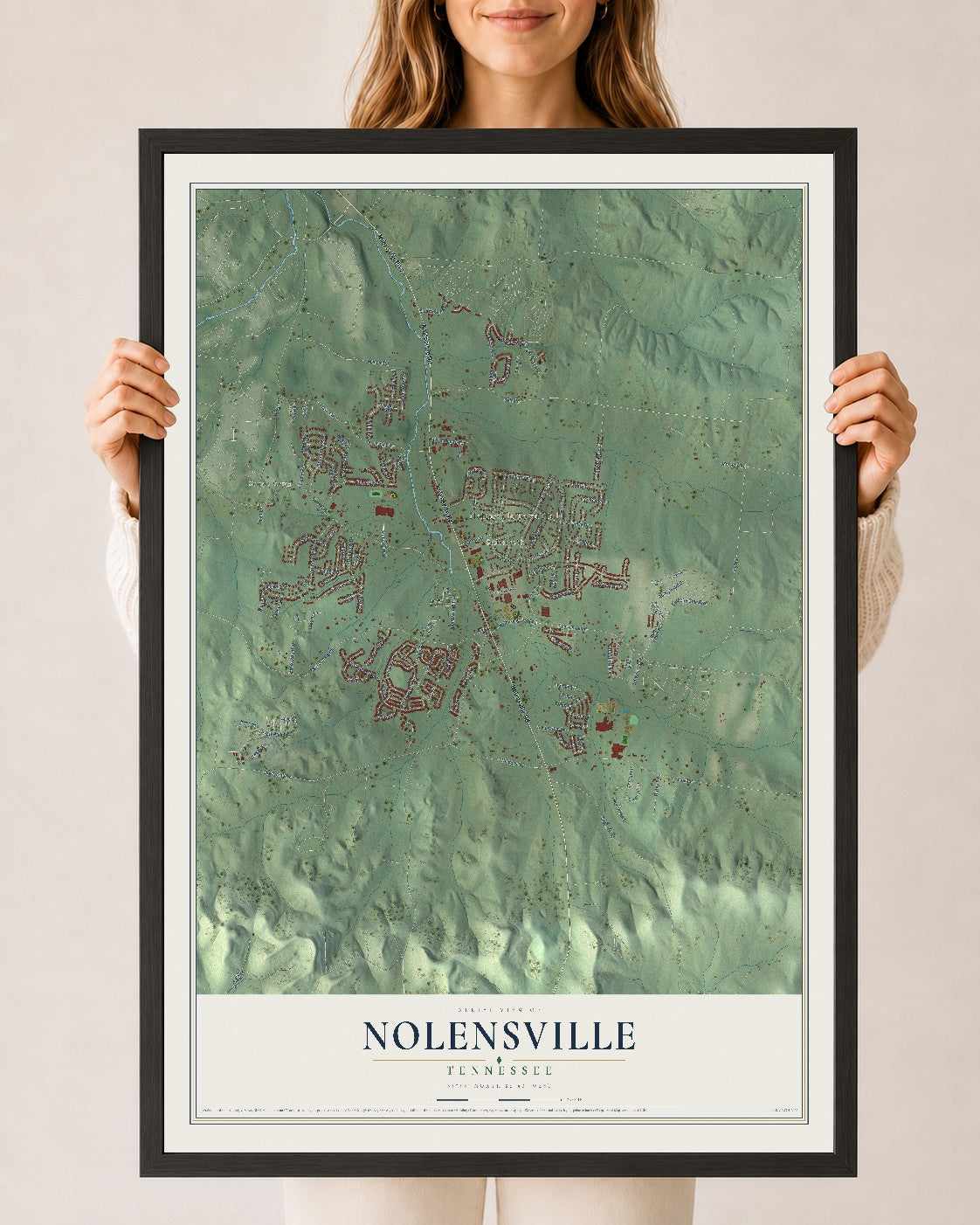 Map of Nolensville, Tennessee, 24 x 36 inch print in a black wood frame