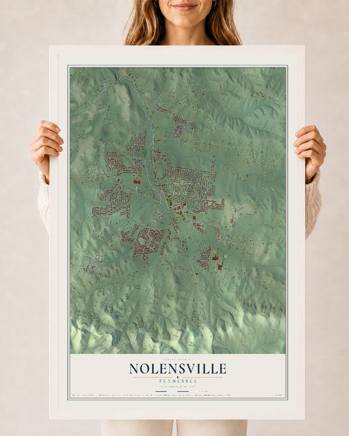 Map of Nolensville, Tennessee, 24 x 36 inch print in a white wood frame