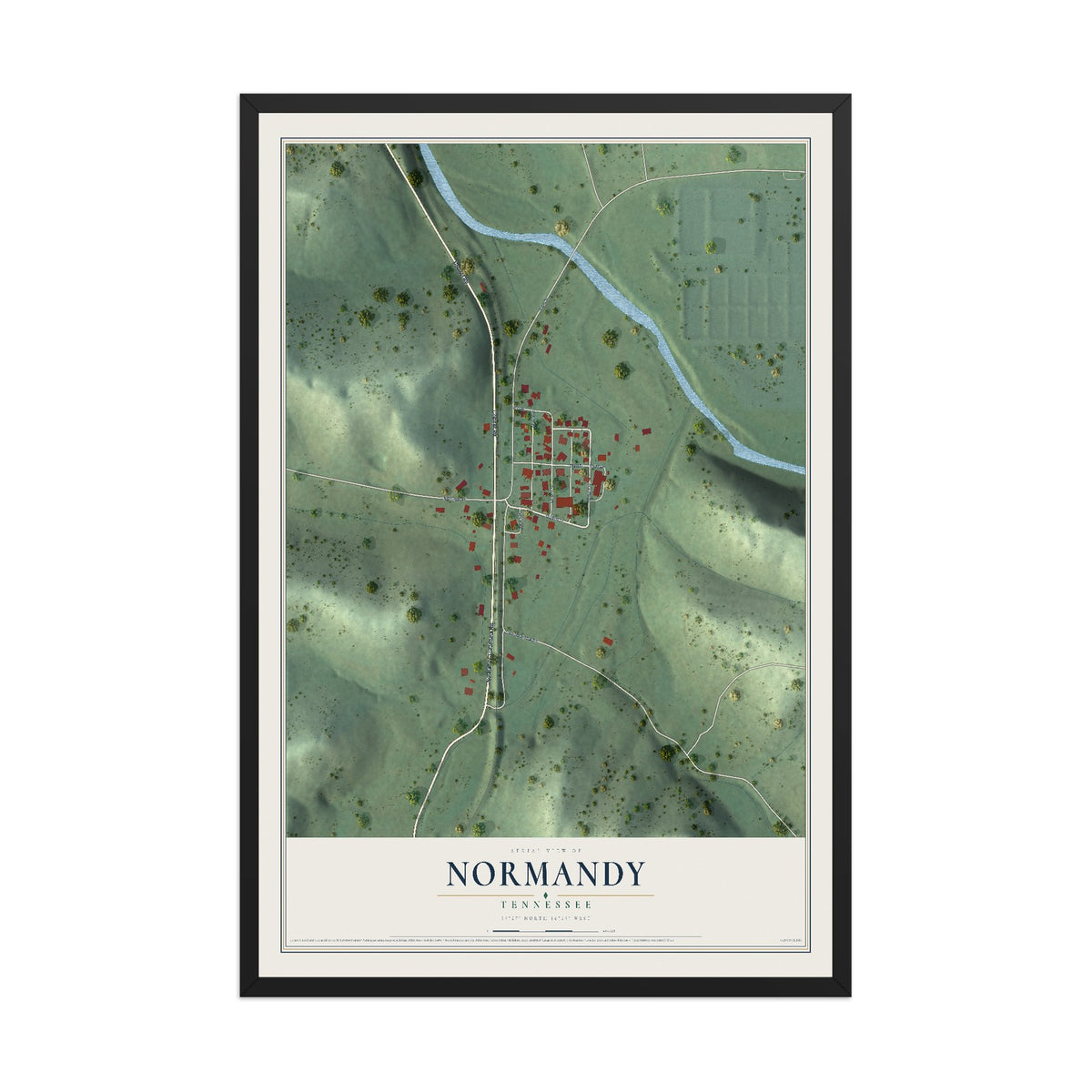 Map of Normandy, Tennessee, 12 x 18 inch print in a black wood frame