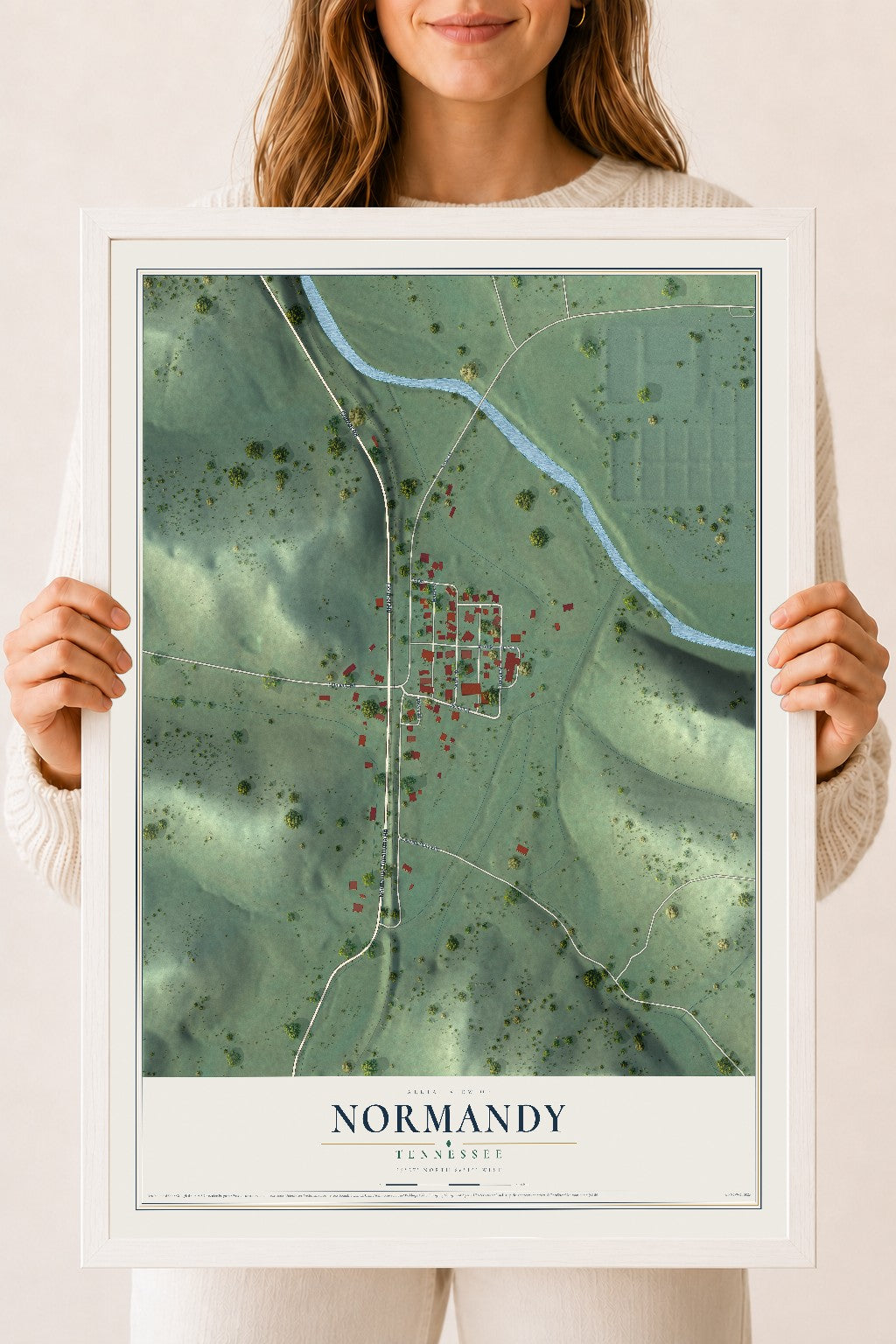 Map of Normandy, Tennessee, 18 x 24 inch print in a white wood frame