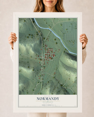 Map of Normandy, Tennessee, 24 x 36 inch print in a white wood frame