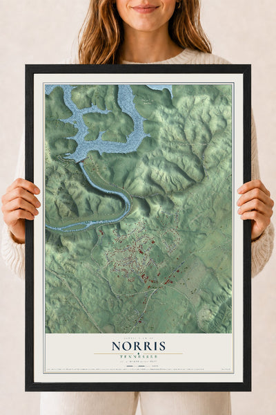 Map of Norris, Tennessee, 18 x 24 inch print in a black wood frame