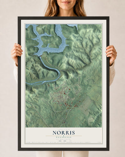 Map of Norris, Tennessee, 24 x 36 inch print in a black wood frame