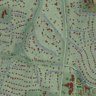 Close-up of the map of Oak Hill, Tennessee print showing street and building detail