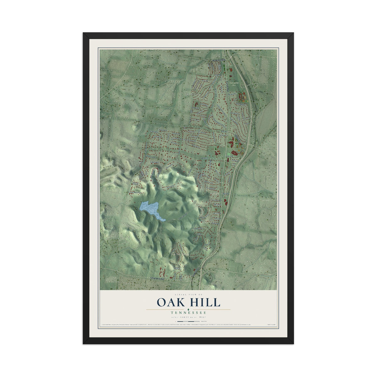 Map of Oak Hill, Tennessee, 12 x 18 inch print in a black wood frame