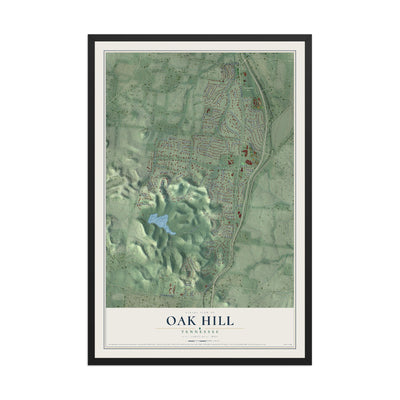Map of Oak Hill, Tennessee, 12 x 18 inch print in a black wood frame