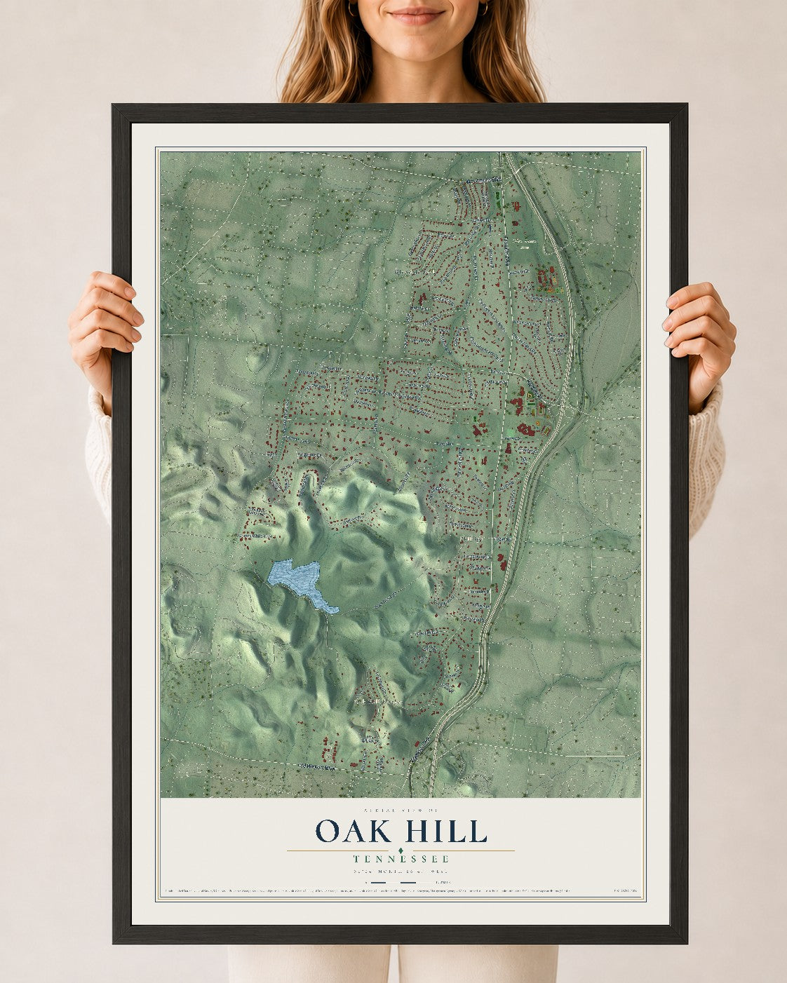 Map of Oak Hill, Tennessee, 24 x 36 inch print in a black wood frame