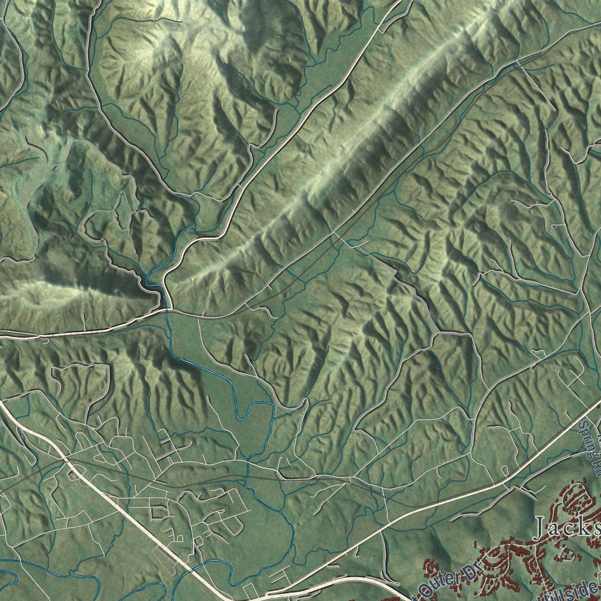 Second close-up of the map of Oak Ridge, Tennessee print showing more streets and buildings
