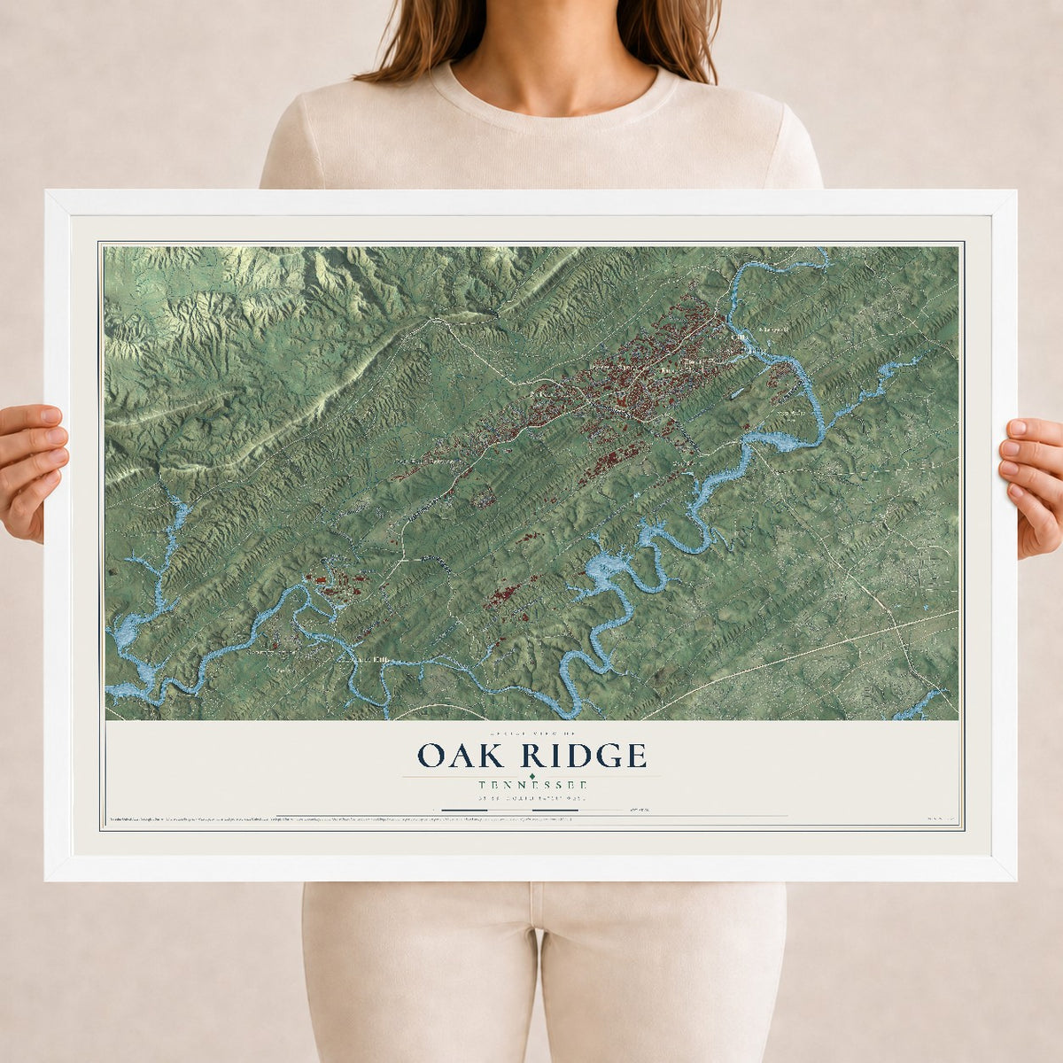 Map of Oak Ridge, Tennessee, 18 x 24 inch print in a white wood frame