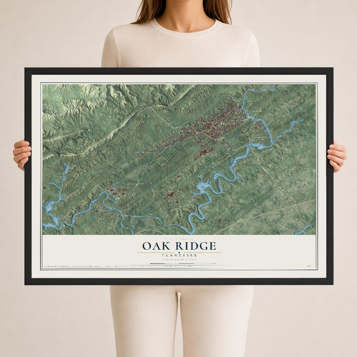 Map of Oak Ridge, Tennessee, 24 x 36 inch print in a black wood frame