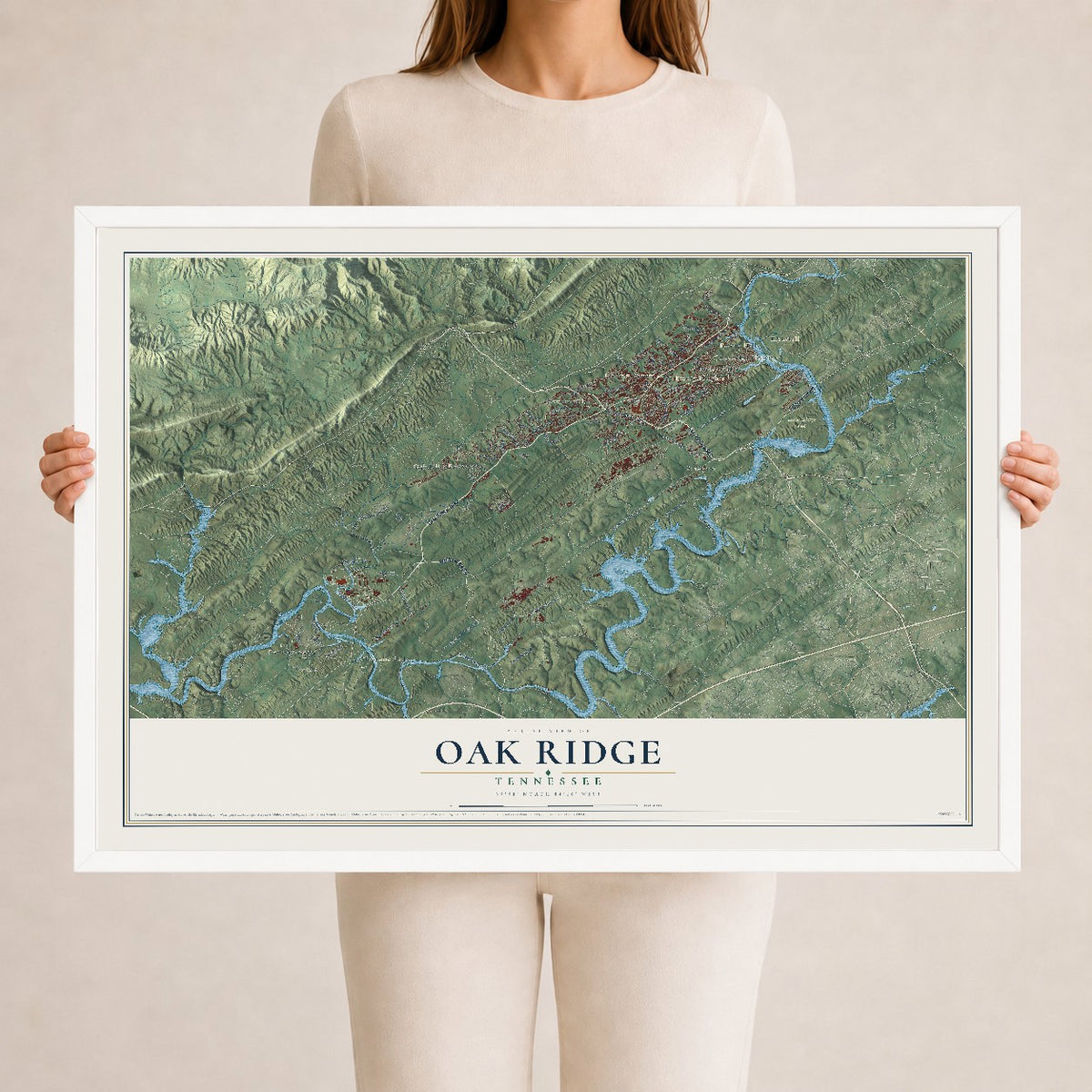 Map of Oak Ridge, Tennessee, 24 x 36 inch print in a white wood frame