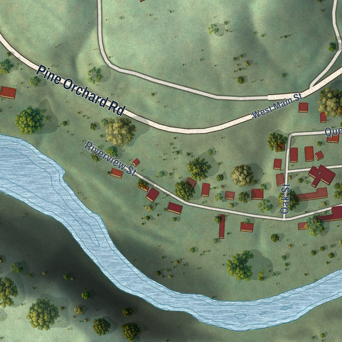 Second close-up of the map of Oakdale, Tennessee print showing more streets and buildings