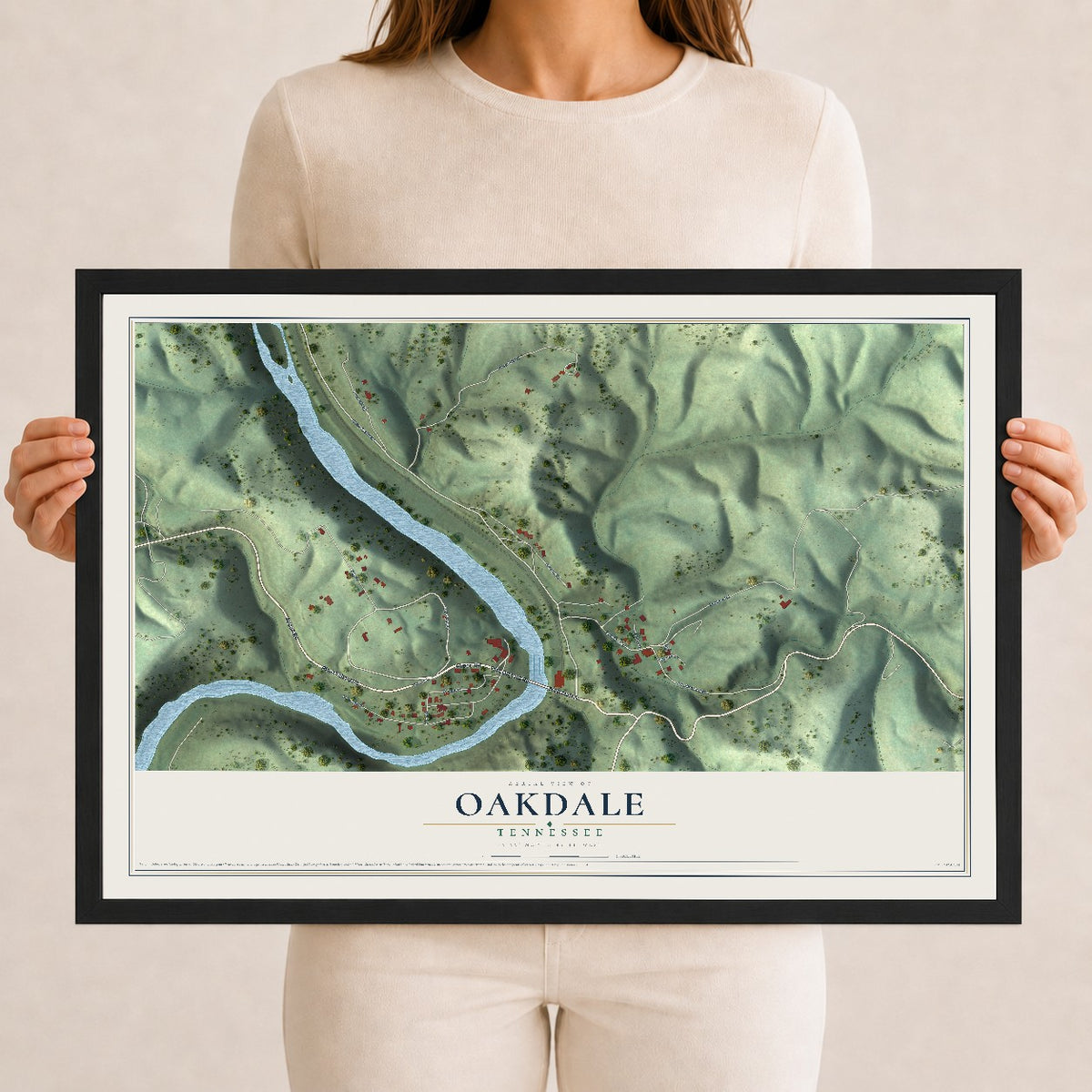Map of Oakdale, Tennessee, 12 x 18 inch print in a black wood frame