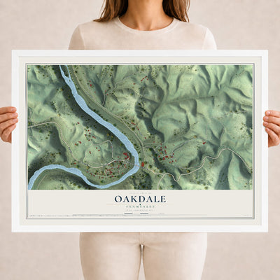 Map of Oakdale, Tennessee, 18 x 24 inch print in a white wood frame