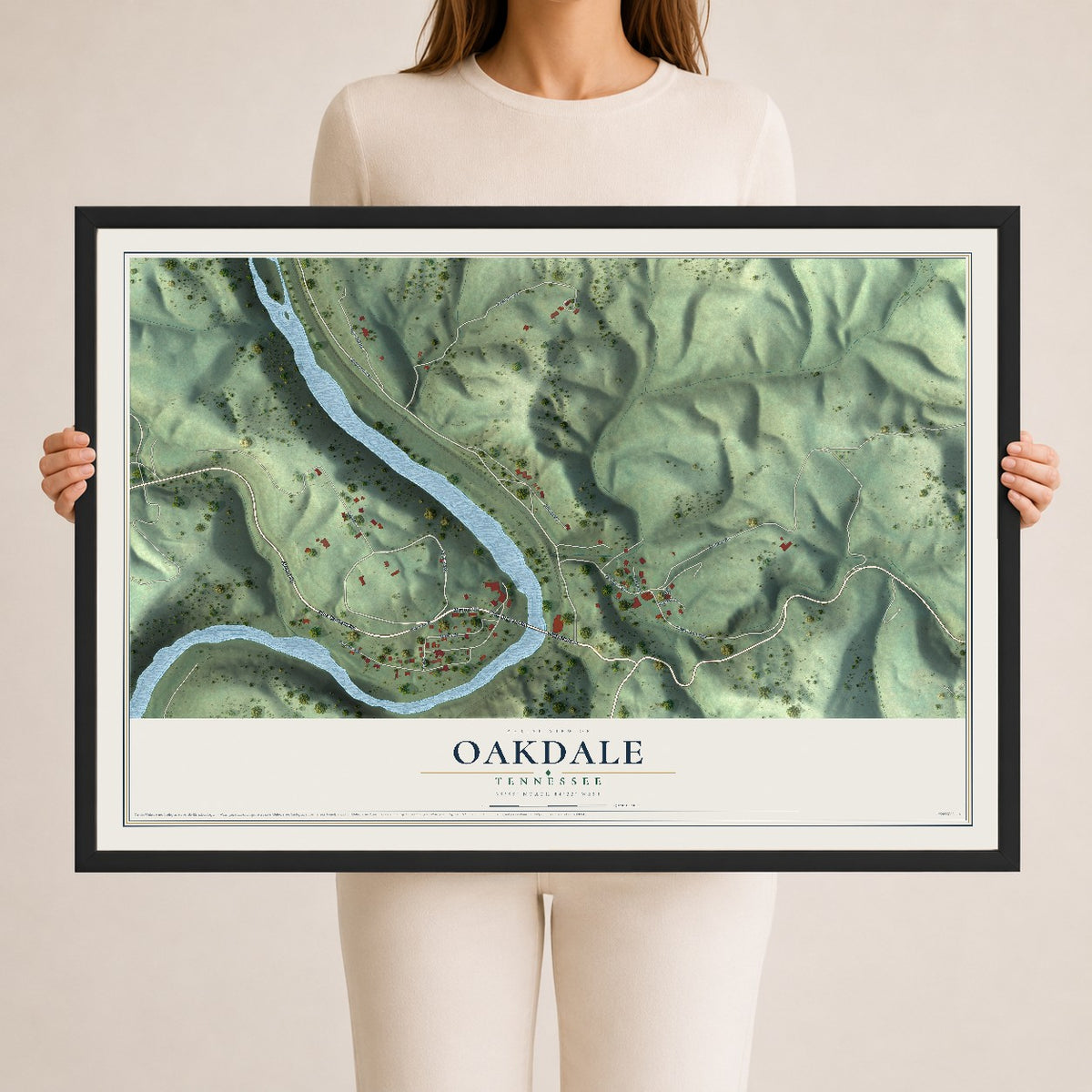 Map of Oakdale, Tennessee, 24 x 36 inch print in a black wood frame