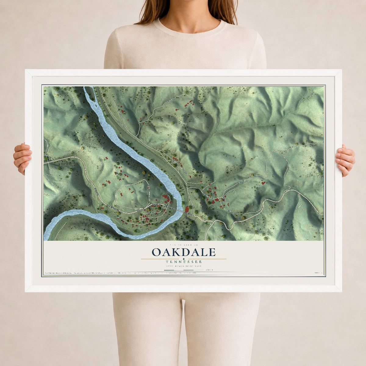 Map of Oakdale, Tennessee, 24 x 36 inch print in a white wood frame