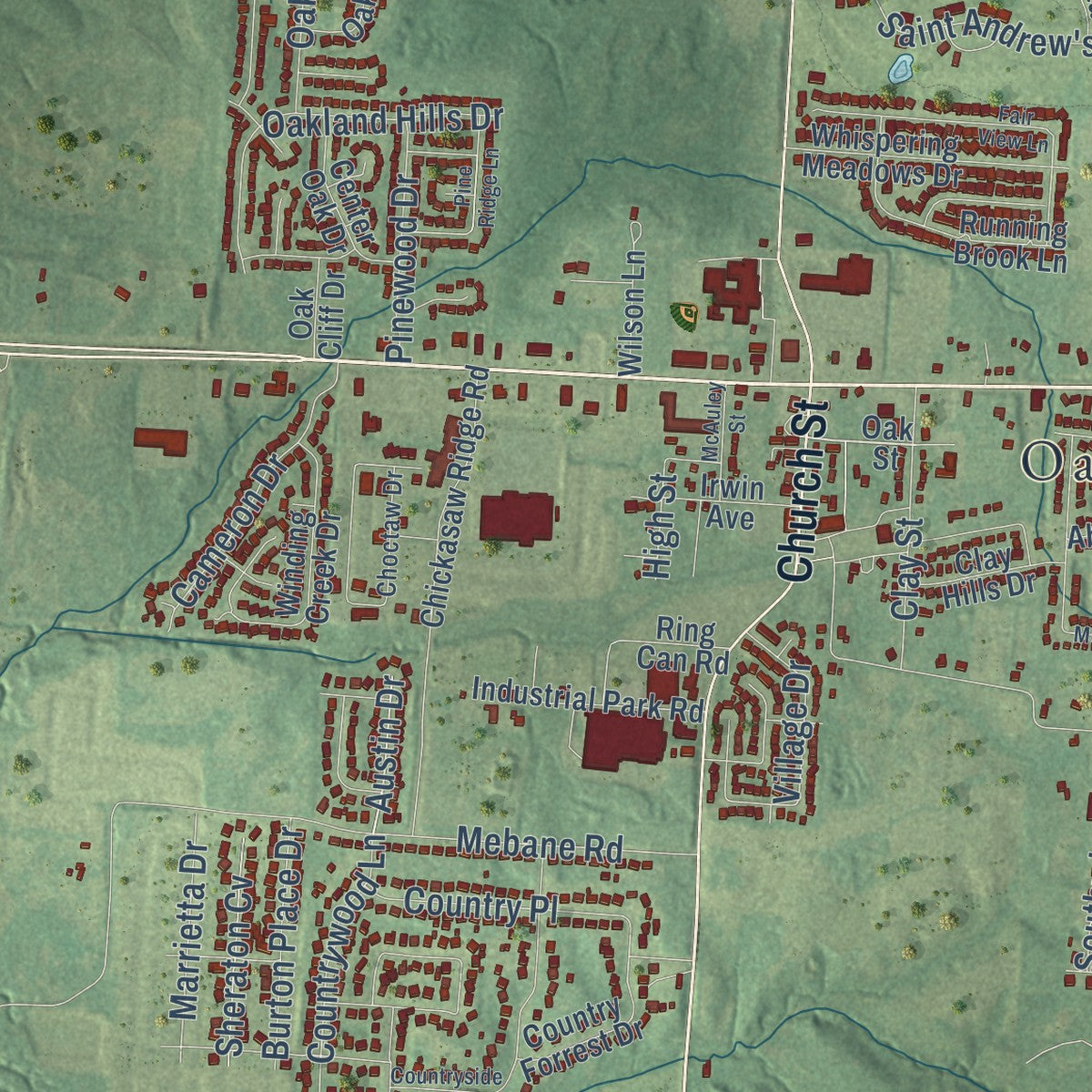 Close-up of the map of Oakland, Tennessee print showing street and building detail