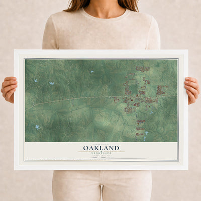 Map of Oakland, Tennessee, 12 x 18 inch print in a white wood frame
