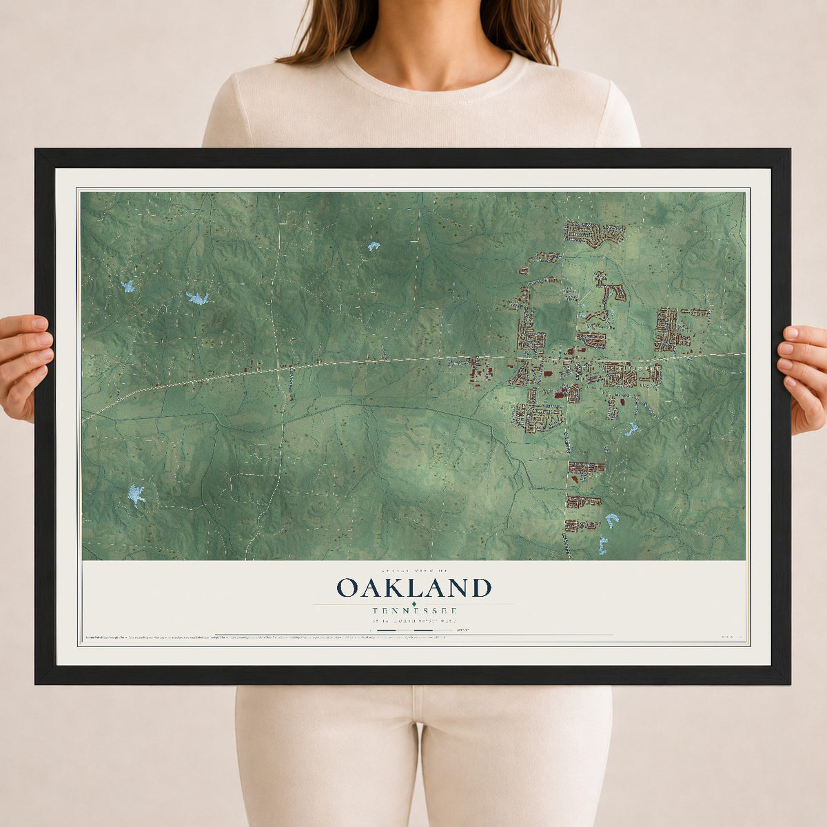 Map of Oakland, Tennessee, 18 x 24 inch print in a black wood frame