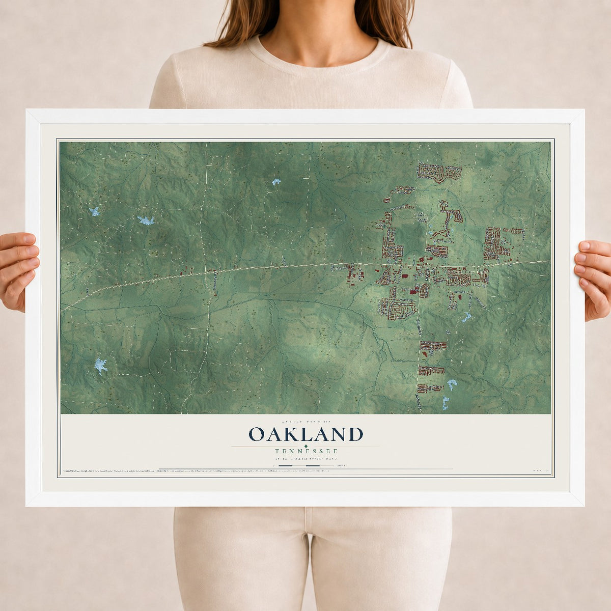 Map of Oakland, Tennessee, 18 x 24 inch print in a white wood frame