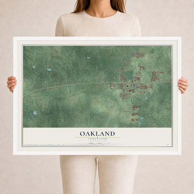 Map of Oakland, Tennessee, 24 x 36 inch print in a white wood frame
