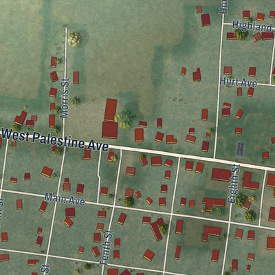 Close-up of the map of Obion, Tennessee print showing street and building detail