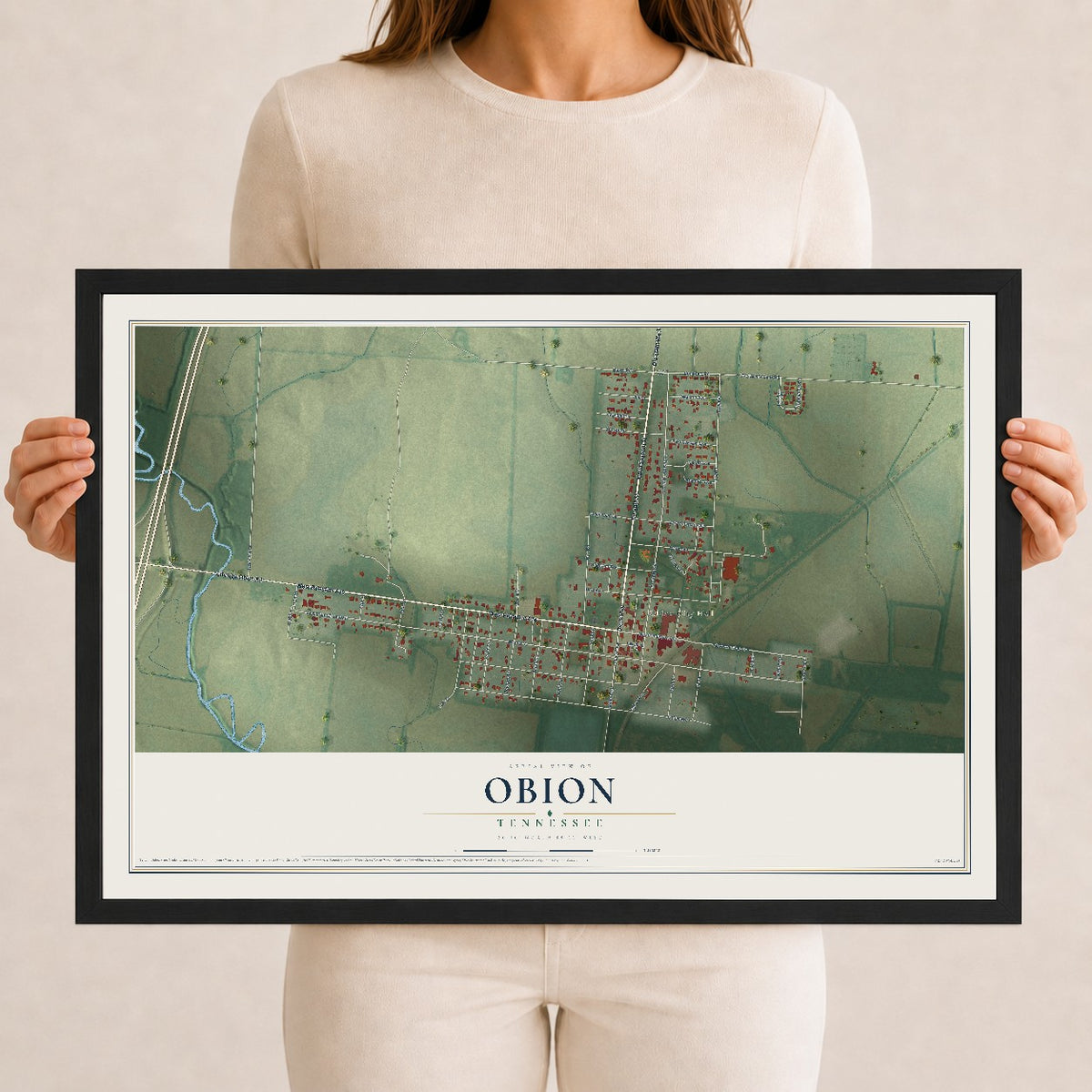 Map of Obion, Tennessee, 12 x 18 inch print in a black wood frame