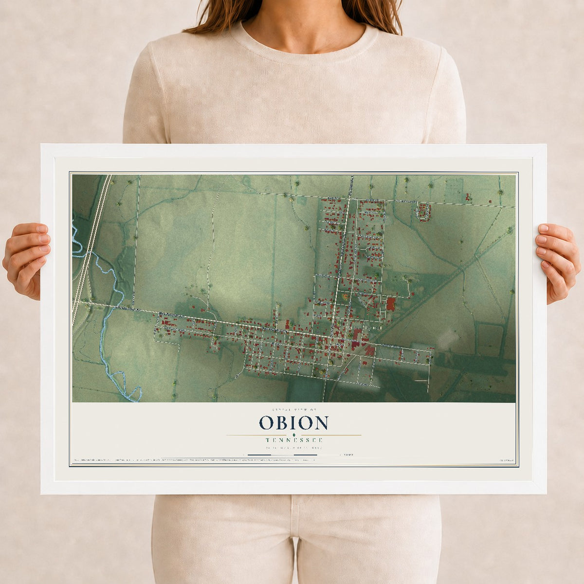 Map of Obion, Tennessee, 12 x 18 inch print in a white wood frame
