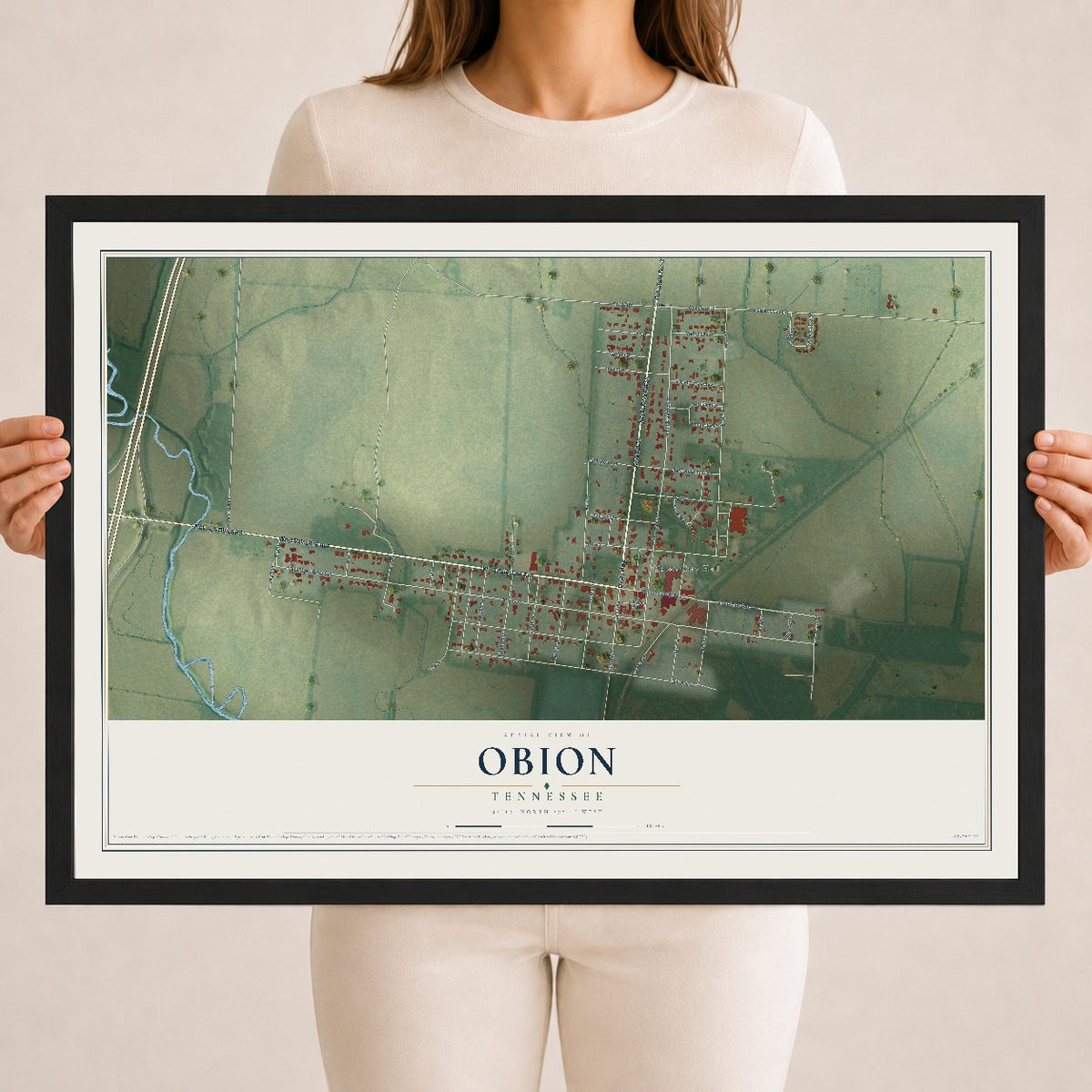 Map of Obion, Tennessee, 18 x 24 inch print in a black wood frame