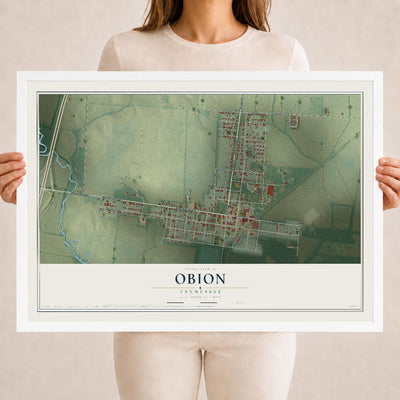 Map of Obion, Tennessee, 18 x 24 inch print in a white wood frame